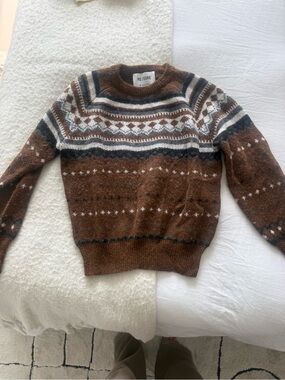 Re/Done Brown Fair Isle Crewneck Sweater with Cream & Gray Accents